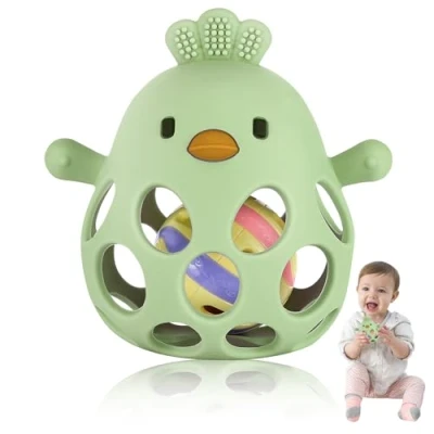 Abbildung von Collazoey Teething Ring Baby Toy, Greifball Für Babys, Montessori Spielzeug, BPA Free Zahnungshilfe &amp; Greifball, Silicone Rattle Geschenk Von 3 18 Monaten (Olivgrün)