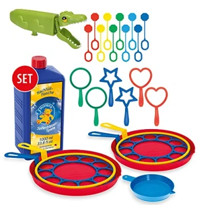 Abbildung von PUSTEFIX Seifenblasen Set für Kinder 20 Blasringe, 1 Bubblegator + 1000 ml Seifenblasenwasser, Bunte Bubbles Made in Germany, Spielzeug Hochzeit, Kindergeburtstag, Polterabend