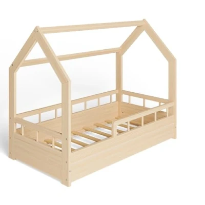Abbildung von ms factory Hausbett Kinderbett 70x140 cm mit Rausfallschutz und Lattenrost Einzelbett aus Kiefernholz für Mädchen Junge Natur Farblos