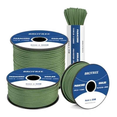 Abbildung von Brotree 550 Paracord 4mm 100m Schnur 100% Polyester Seil Reißfest Typ III 7 Kern für Armbänder, Basteln, Outdoor, Camping, Survival Waldgrün