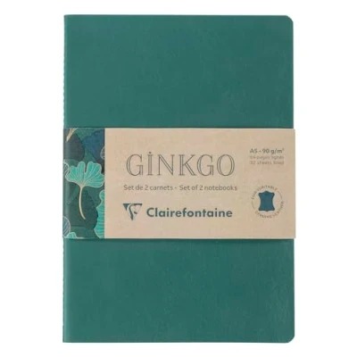 Abbildung von Clairefontaine 115948C Set mit 2 Notizbüchern Ginkgo, Fadenbindung, A5 14,8x21 cm, 32 Blatt liniert 90g, 1 Notizbuch Ledereinband + bedrucktem Karteneinband, sortiert,