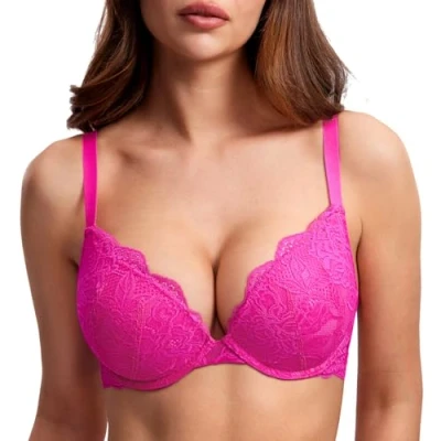 Abbildung von DOBREVA Damen Push Up BH Mit Spitze Gepolstert Plunge Bügel Vollschalen BHS Gemoldete Cups Glitzer Rosa 70B
