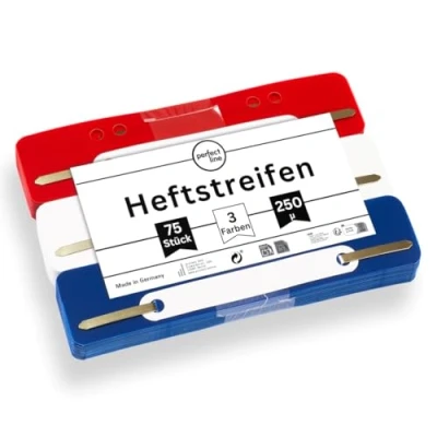 Abbildung von perfect line 75 Heftstreifen (3x25 Stk.), recycelbarer Kunststoff, 3 Farben (Rot, Blau, Weiß), Made in Germany