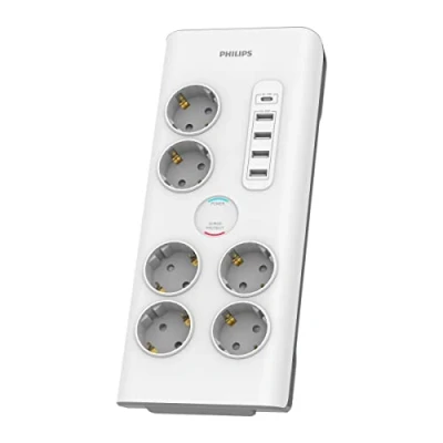 Abbildung von Philips SPN7060WA/10 Steckdosenleiste mit 6 Schuko Steckdosen, 4 Ports USB 35 W und 1 Typ C, Stromblock, geflochtenes Kabel 2 Meter hochfest, Sicherheitsverschluss (Prot LED Anzeige), weiß