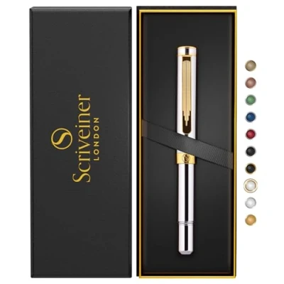 Abbildung von Scriveiner Silber Chrom Kugelschreiber EDC Luxus Stift, beeindruckender Taschenfüller mit 24K Gold, Bestes Stift Geschenk für Mann &amp; Frau, Deutsche Schmidt Mine, Schönes Büro Designer Set