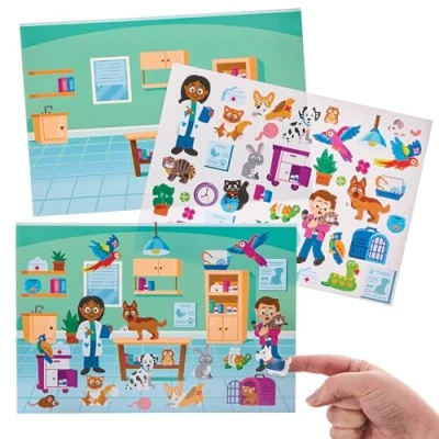 Abbildung von Baker Ross FN070 Tierarzt Aufkleberszenen 5er Pack, selbstklebende Aufkleber für Kinder, Basteln Kinder