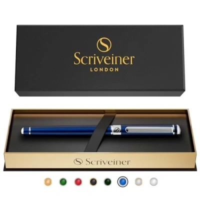 Abbildung von Scriveiner Tintenroller Midnight Blue Hochwertiger mit Chromveredelung, schwarze Schmidt Ersatzmine, Geschenkbox, Professionelle (Mitternachtsblau)