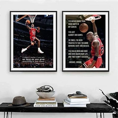 Abbildung von WTYBGDAN Basketball Poster Michael Jordan Wandbilder Zitat Malerei Leinwand Kunstdruck für Zuhause Wohnzimmer Dekor 45x65cmx2Pcs / ohne Rahmen