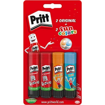 Abbildung von Pritt Klebestift, sicherer und kinderfreundlicher Kleber für Kunst Bastelarbeiten, starker Klebstoff Schule &amp; Bürobedarf, 2x22g original 2 x 20g bunte Stifte (blau, orange), 9H PTFCS