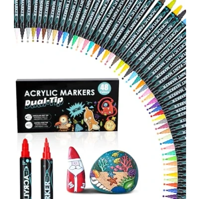 Abbildung von Acrylstifte für Steine Wasserfest,acrylfarben stifte,48 Stifte Dual Tip Acrylfarben Bemalen Set,acrylfarben Holz,Glas,Leinwand,Stein,Stoff,DIY Fotoalben,Keramik
