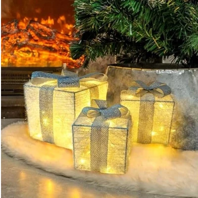 Abbildung von Bambelaa! 3er Led Deko Geschenke Leucht Boxen Timer Weihnachts Dekoration Weihnachtsdeko Beleuchtet Weihnachten (Weiß Silber)