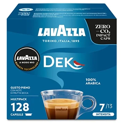 Abbildung von Lavazza A Modo Mio Dek Cremoso, 128 Kaffeekapseln, für einen entkoffeinierten Espresso mit Noten von Mandeln und Canditi, 100% Arabica, Intensität 7/13, mittlere Röstung, 8 Packungen x 16 Kapseln