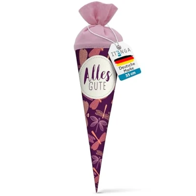 Abbildung von itenga Geschwisterschultüte 35 cm Tiere Pflanzen Muster Geschenkverpackung Schultüte Zuckertüte Filzverschluss Kinder Erwachsene (Libellen mit Text)