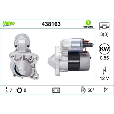 Abbildung von VALEO NEW ORIGINAL PART 438163 Anlasser 12 0,85 8 RENAULT: SCENIC 2, Megane 3 Schrägheck, CLIO DACIA: Duster SUV, Logan I MCV, Sandero