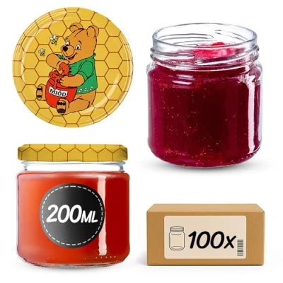 Abbildung von KADAX Kleine Einmachgläser 200 ml, Marmeladengläser, fi66 mm, Minigläser für Honig und Gewürze, Luftdichte Gläschen, Einweckglas, Gläser, Einweckgläser, Rundgläser (100 Stück, Winnie Puuh)
