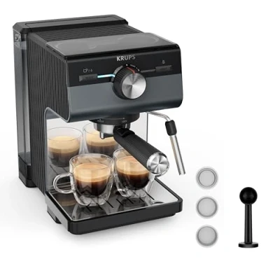 Abbildung von Krups Authentic+ Espresso Siebträgermaschine, 15 bar, intuitive Bedienung, raffiniertes Design, Dampfdüse, inkl. umfangreichem Zubehör, Bullet Dark Silver/Edelstahl, XP384G10