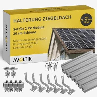 Abbildung von Avoltik Solar Halterung Ziegeldach I Set für 2 PV Module 30 40mm Solarmodul Balkonkraftwerk Solarmodulbefestigungsset Ziegeldächer aus Edelstahl 1.4301 Montageset