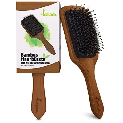 Abbildung von lampox Haarbürste Paddle Brush Paddlebrush Paddel Bürste Entwirrbürste mit Wildschweinborsten aus Bambusholz