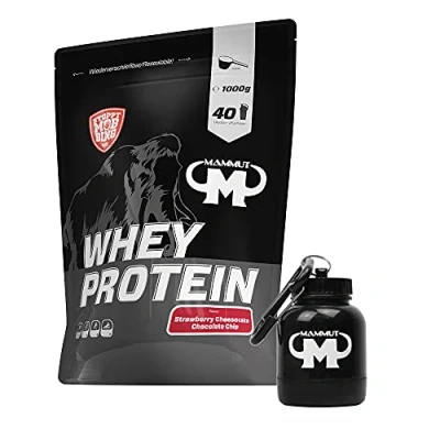 Abbildung von 1kg Mammut Whey Protein Eiweißshake Set inkl. Shaker, Riegel, Powderbank oder Tasse (Strawberry Cheesecake, Gratis Powderbank)