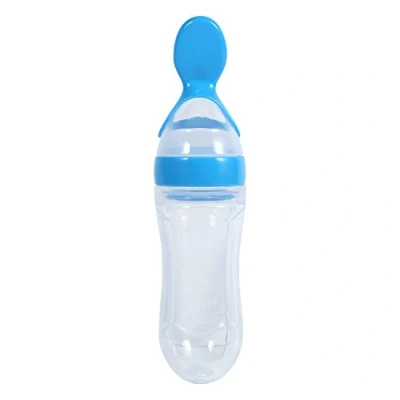 Abbildung von Baby Fütterung Löffel Silikon Squeeze Reis Getreide Gemüse Obst Püree Feeder Tragbar für Säugling Kleinkinder 90ml (Blau)