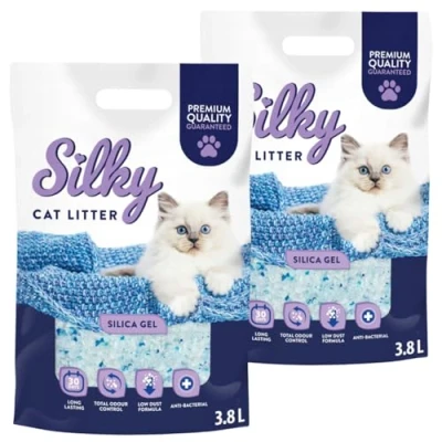 Abbildung von Silky Silikat Katzenstreu, Staubfrei Unparfümiert Kristall Silikatstreu, Geruchsneutral, Hohe Saugkraft, Antibakteriell 7,6L 2er Pack