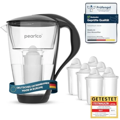 Abbildung von PearlCo Glas Wasserfilter (schwarz) Glaskanne mit 6 Classic Filterkartuschen Reduzierung von Kalk &amp; Schwermetall Schützt Geräte Besserer Geschmack Kaffee Tee Made in EU