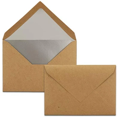 Abbildung von Kuverts in Kraftbraun 50 Stück Brief Umschläge DIN C6 11,4 x 16,2 cm Nassklebung Silber Metallic Fütterung ohne Fenster für Einladungen