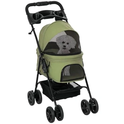 Abbildung von PawHut Hundewagen Hundebuggy mit Klappfunktion Pet Stroller für kleine Hunde und Katzen Haustierwagen Katzenbuggy Oxford Dunkelgrün 67 x 45 96 cm
