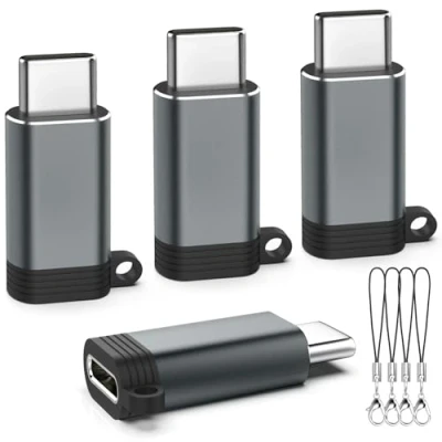 Abbildung von TiMOVO Lightning auf USB C Adapter,4 Pack Buchse Stecker Adapter,Anti verloren Kabel für iPhone 15/16 Pro Max Plus/iPad,Schnellladung/Datenübertragung, Nicht Audio/OTG Grau
