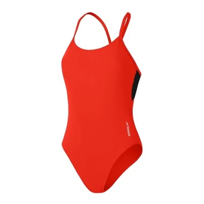 Abbildung von Speedo Einfarbiger Racerback Badeanzug Fitnessschwimmen Weiches Hautgefühl Stilvolles Design für Damen, Drachenfeuer, XL