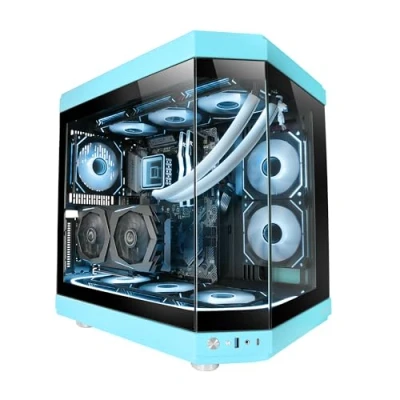 Abbildung von Mars Gaming MC 3T, Custom ATX Gehäuse, Triple Window Durchgehend Gehärtetes Glas, Volle Flüssigkeitskühlung, Dual Side Kamera, 3X Vertikale PCI Slots, USB C und 3.0, Blau