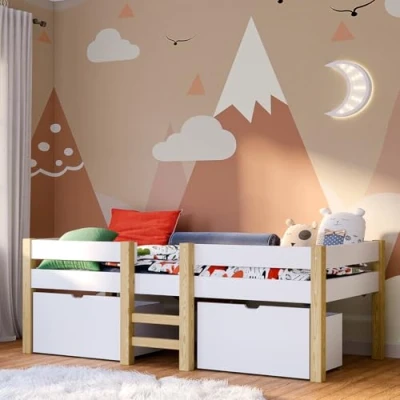Abbildung von Bellabino Hochbett Aspy (Halbhochbett inkl. Lattenrost und 2 Schubladen) 90x200 cm, natur/weiß