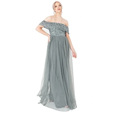 Abbildung von Maya Deluxe Damen Dames Bardot Jurk Voor Vrouwen Maxi Versierd Hoge Empire Taille Mouwloos Tulle Bruiloft Gast Pr Brautjungfernkleid, Grün, 56 Große Größen EU