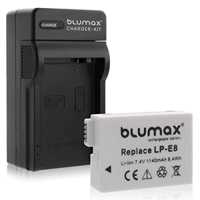 Abbildung von Blumax Kamera Akku für Canon LP E8 und Ladegerät inkl. Netzteil Stecker fürs Auto