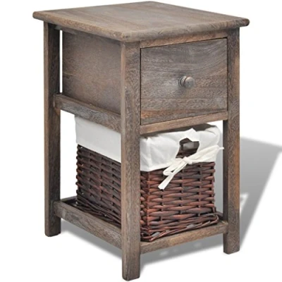 Abbildung von Festnight Shabby Chic Nachttisch Schränkchen Holz Beistelltisch Telefontisch mit 1 Schublade und Korb für Schlafzimmer Braun