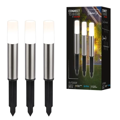 Abbildung von BRILONER Connect to Shine 12V Gartensystem 3er Set LED Pollerleuchte mit Erdspieß, Erweiterungsset, IP44, warmweißes Licht, Gartenbeleuchtung, Wegeleuchten, 36,5x4 cm, Silberfarbig