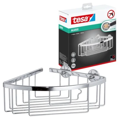 Abbildung von tesa Duschablage ALUXX Duscheckablagekorb ohne Bohren 9,2 cm : 19,2 20 cm, Packung 1 tlg., selbstklebendes Hängeregal für die Dusche chrom silber glänzend