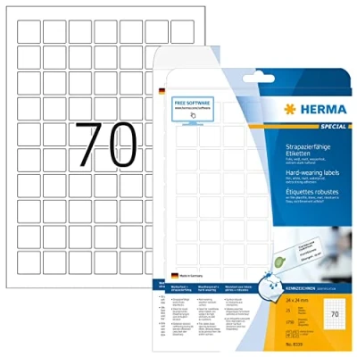 Abbildung von HERMA 8339 Wetterfeste Folienetiketten, 25 Blatt, 24 x mm, 70 pro A4 Bogen, 1750 Stück, selbstklebend, bedruckbar, matt, blanko Klebeetiketten Aufkleber aus Folie, weiß
