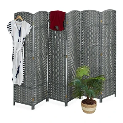 Abbildung von Relaxdays Paravent, 6 teilig, Raumtrenner faltbar, HxB 170x241 cm, Sichtschutz innen, Holz, Papierseil, Trennwand, grau