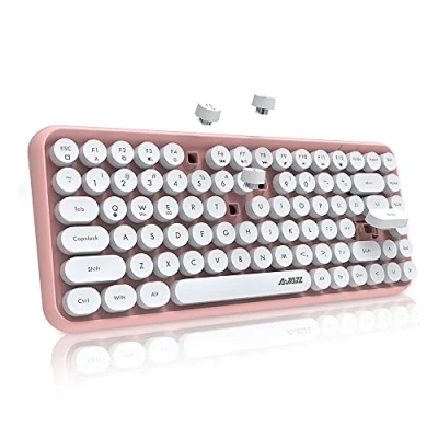 Abbildung von FELiCON 308i Kabellose Retro Tastatur, Bluetooth Silent Cute Computer Tastatur mit Runder Punk Tastenkappe, Matte Textur Kompakte 84 Keys, QWERTY, Typewriter Design für PC, Laptop, Mac Rosa