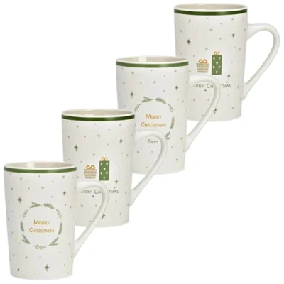 Abbildung von Weihnachtsbecher 4er Set Porzellan 385 ml Tassen mit festlichen Spruch Süße Kaffeetassen Ø 8 x 12 cm Merry Christmas Glühweintasse für Winter, Weihnachten Hochwertiges Porzellan, Spülmaschinenfest