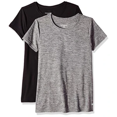 Abbildung von Amazon Essentials Damen Kurzärmliges Tech Stretch T Shirt mit Rundhalsausschnitt (in Übergröße erhältlich), 2er Pack, Kohlegrau Space dye/Schwarz, S