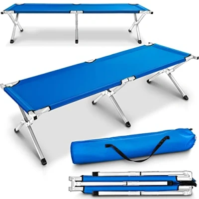 Abbildung von TRESKO XXL Campingbett Feldbett 190 x 64 44 cm Metallrohr Belastbarkeit bis 150kg in Verschiedenen Farben (Blau)