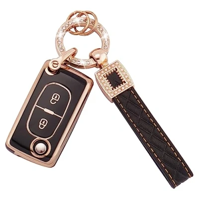 Abbildung von Koaudb Autoschlüssel Hülle Cover Passt für Peugeot 107 207 307 307S 308 407 607 807 Citroen C2 C3 C4 C5 C6 C8 2 Tasten Schlüsseletui TPU Schlüsselhülle mit Lederanhänger Schlüsselanhänger (BP Pgt 2F)