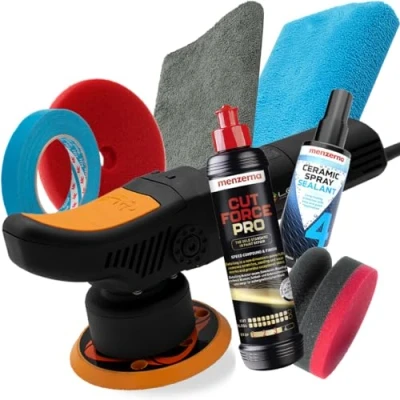 Abbildung von Profi Auto Politur Set Liquid Elements T2000 Exzenter Poliermaschine + 250ml Menzerna Cut Force Pro 3in1 Autopolitur 125mm Polierpad 2x Poliertücher Keramik Sprühversiegelung