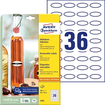 Abbildung von AVERY Zweckform 360 Flaschenetiketten selbstklebend (40x20 mm, Oval, Aufkleber Ideal für Einmachgläser, Gewürzgläser, Likörflaschen, Selbstgemachtes aus Der Küche, Art. 5086) 10 Blatt Weiß