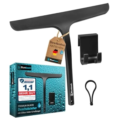 Abbildung von Blumbach Duschabzieher Silikon Abzieher mit Edelstahlkern, (PREMIUM Duschwand Abzieher), Breite 28 cm, Abziehen ohne Quitschen, inkl. 2 Halterungen