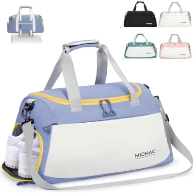 Abbildung von Damcyer Reisetasche Sporttasche Damen Groß 48x23x27 Mit Schuhfach Und Nassfach Wasserfest Handtasche Duffle Bag Für Sport &amp; Reisen Männer Frauen, Weiß+Blau