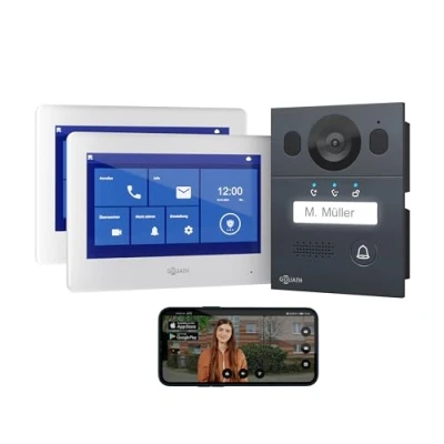 Abbildung von GOLIATH Basic Video Türsprechanlage, 2 Draht Bus, 2X 7 Monitor, Unterputz Türklingel mit Kamera, Gegensprechanlage Türöffner und Klingel, 1 Familienhaus, Plug &amp; Play, Smartphone App, AV BLS 09U