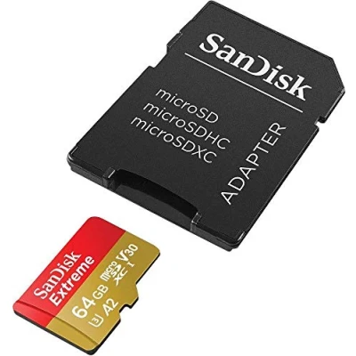 Abbildung von SanDisk Extreme 64 GB microSDXC Memory Card + SD Adapter with A2 App Performance Rescue Pro Deluxe, Up to 160 MB/s, Class 10, UHS I, U3, V30, Red/Gold
